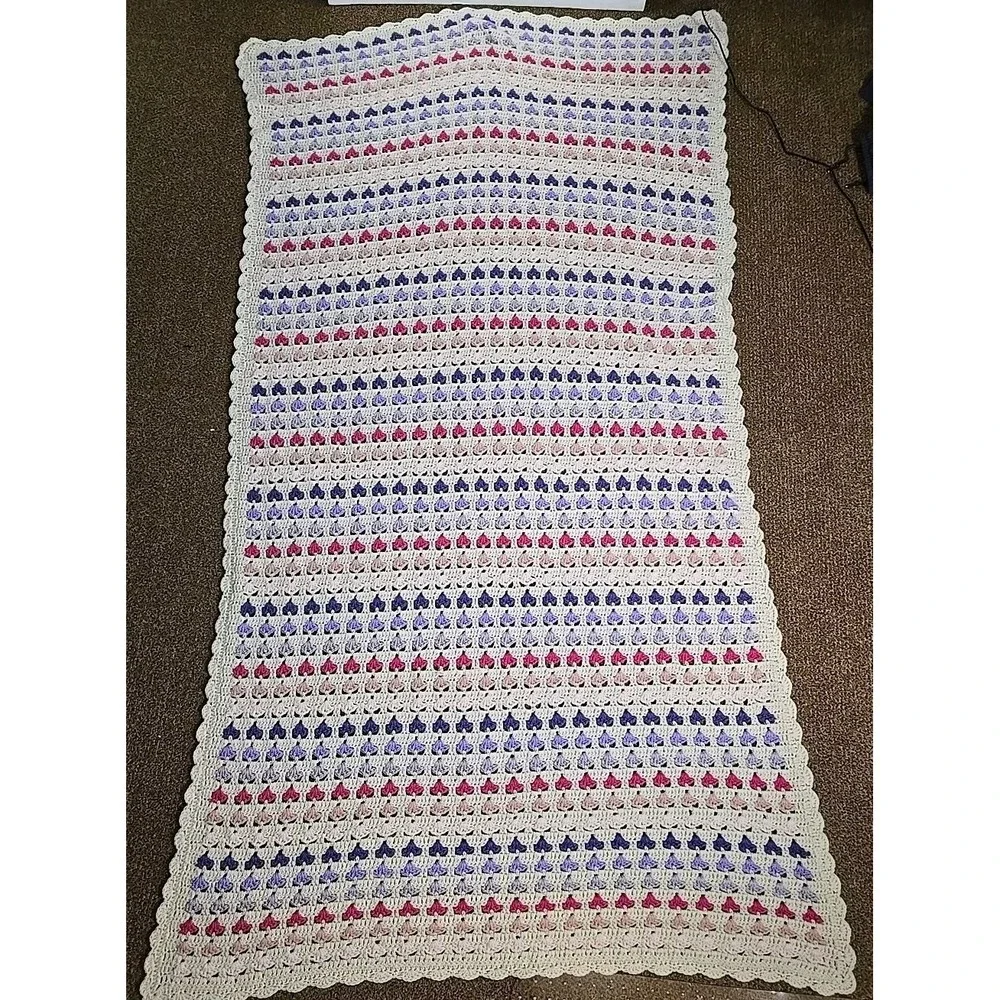 Handmade Afghan Crochet Multicolor Hearts Throw Grannycore Valentine's Day